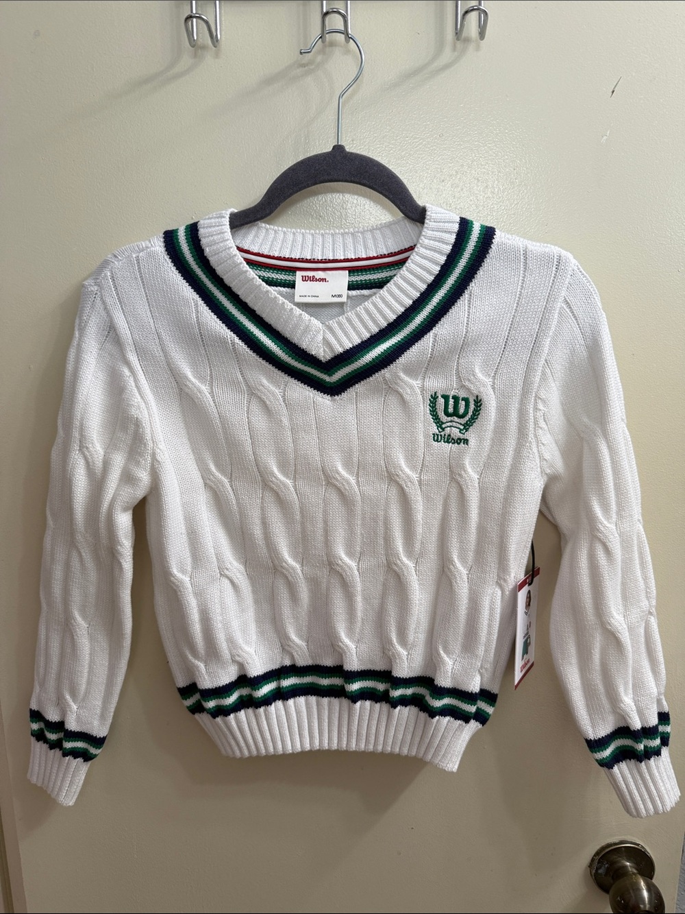 Wilson White Cable-Knit V-Neck Sweater with Green and Navy Trim tennis - Picture 6 of 6
